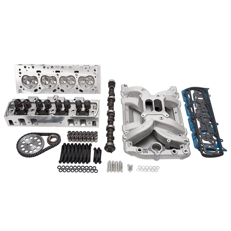 Edelbrock Performer RPM Big Block V8 heads for Oldsmobile 1965-1976 400-500 engine, showcasing polished cylinder heads and intake ports.