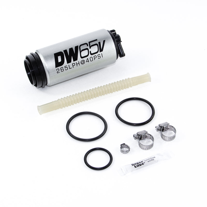 DeatschWerks DW65v Series 265 LPH compact in-tank fuel pump for VW/Audi 1.8T and 3.2 VR6 AWD setup kit, shown with pump components.
