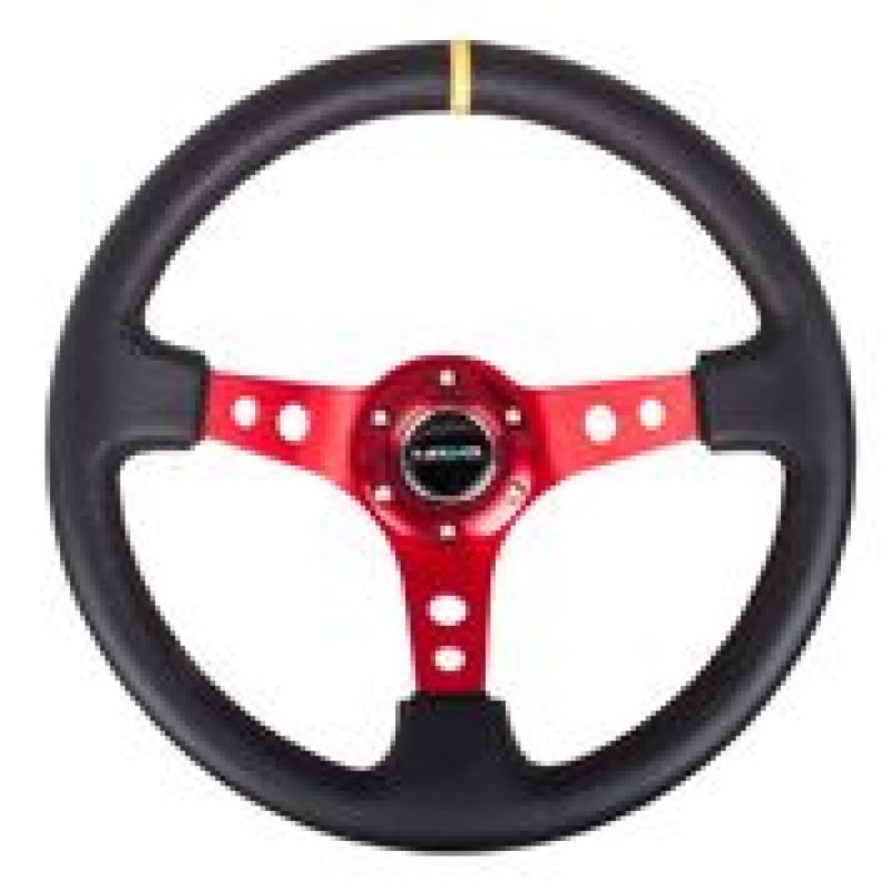 NRG reinforced black leather steering wheel with red spokes and yellow center mark, 350mm diameter, 3-inch deep dish design.