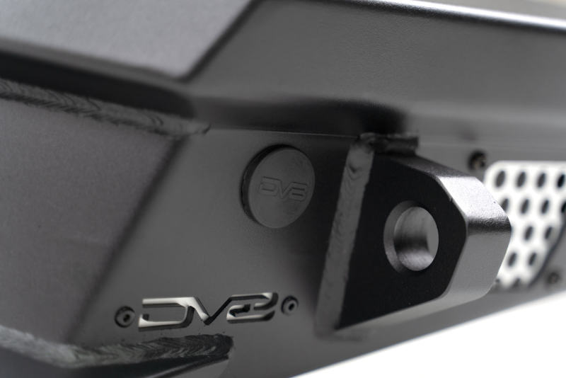 Steel rear bumper for 2018 Jeep Wrangler JL by DV8 Offroad, includes optional tire carrier and rugged off-road design.