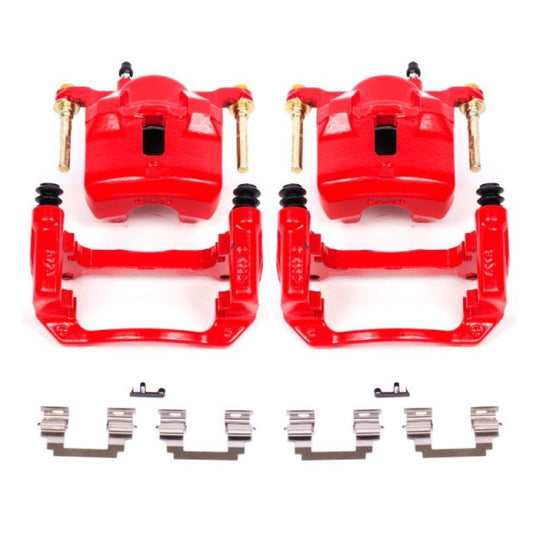 Pair of PowerStop front red brake calipers with brackets for 2003-2008 Pontiac Vibe, performance automotive brake upgrade.