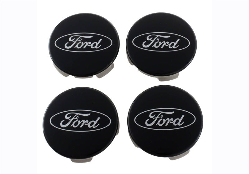 Ford Racing black and chrome wheel center cap kit for Ford trucks and SUVs, featuring stylish and durable wheel hub covers.