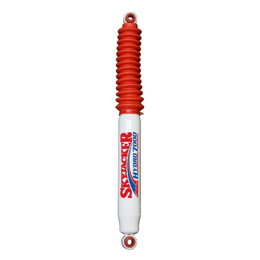 Skyjacker Hydro Shock with red boot, heavy-duty lift kit shock absorber for off-road vehicles, showcasing its durable design and mounting components.