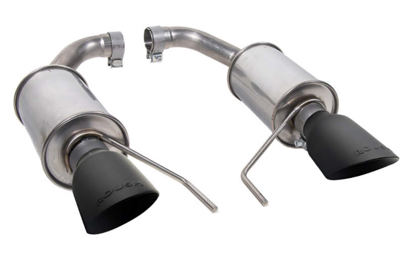 Roush 2024 Ford Mustang GT/EcoBoost dual tip axle back exhaust with black tips, showing the sleek metal design and dual exhaust outlets.