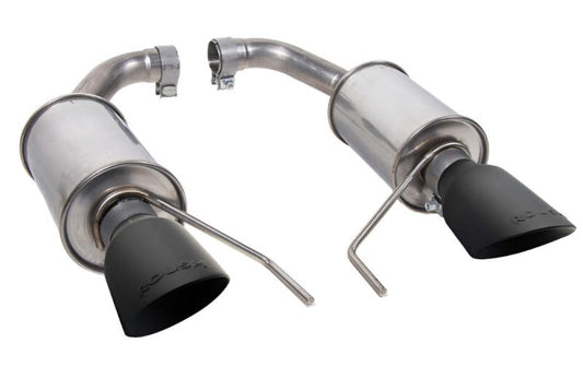 Roush 2024 Ford Mustang GT/EcoBoost dual tip axle back exhaust with black tips, showing the sleek metal design and dual exhaust outlets.