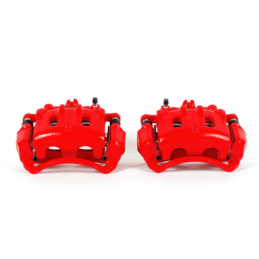 Pair of PowerStop front red brake calipers with brackets for 2012-2015 Chevrolet Captiva Sport, performance replacement brake components.