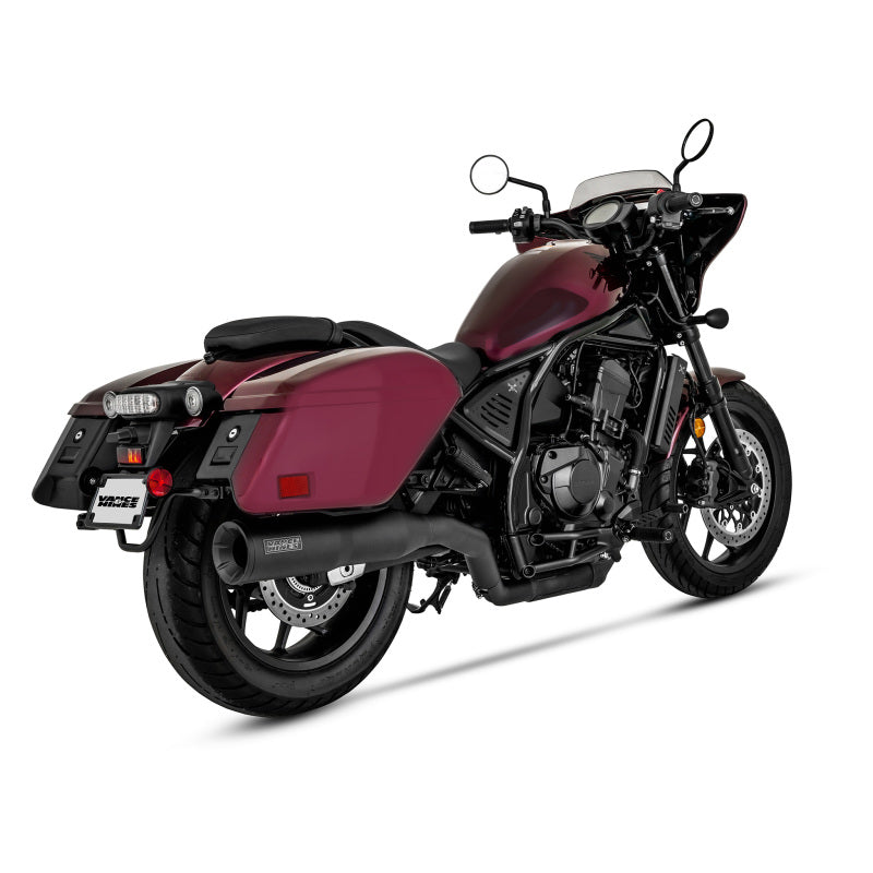 Vance & Hines black slip-on exhaust installed on a 2023 Honda Rebel 1100T motorcycle, close-up view of the sleek muffler.