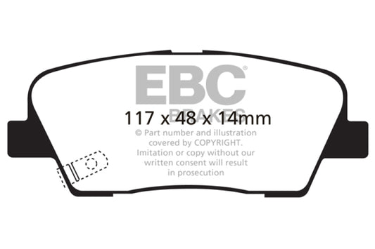 EBC 11+ Hyundai Equus 4.6 Redstuff rear performance brake pads showing red friction material and metal backing plate