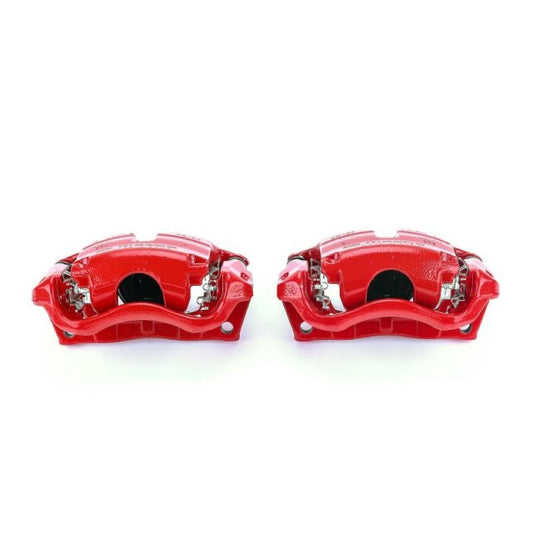 Pair of PowerStop red front brake calipers with brackets for Mazda 3 models 2014-2018, performance automotive brake upgrade