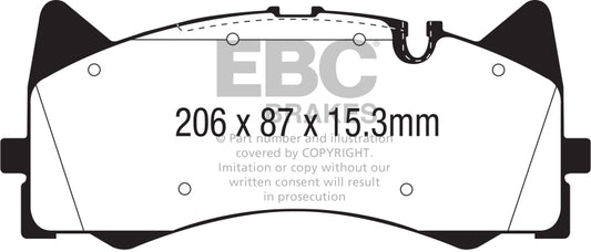 EBC Redstuff performance front brake pads for 2015+ Mercedes-Benz C63 AMG W205 4.0L Twin Turbo showing new brake pads