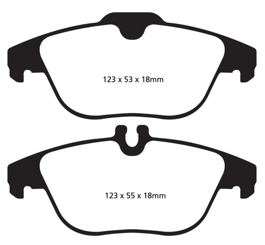 EBC 13-16 Mercedes-Benz GLK250 rear brake pads, performance Redstuff twin TD design, shown in the image.