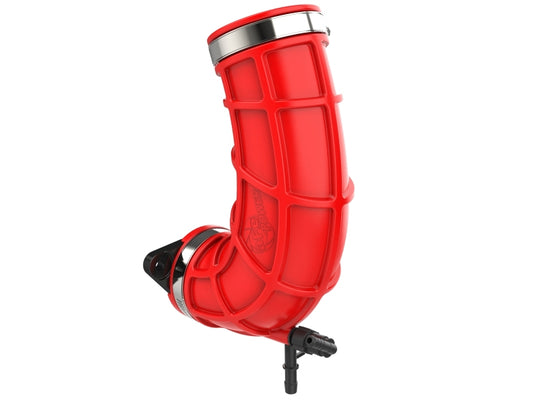 Red aFe Turbo Inlet Pipe for improved airflow, shown in close-up with smooth curves and branded logo visible.