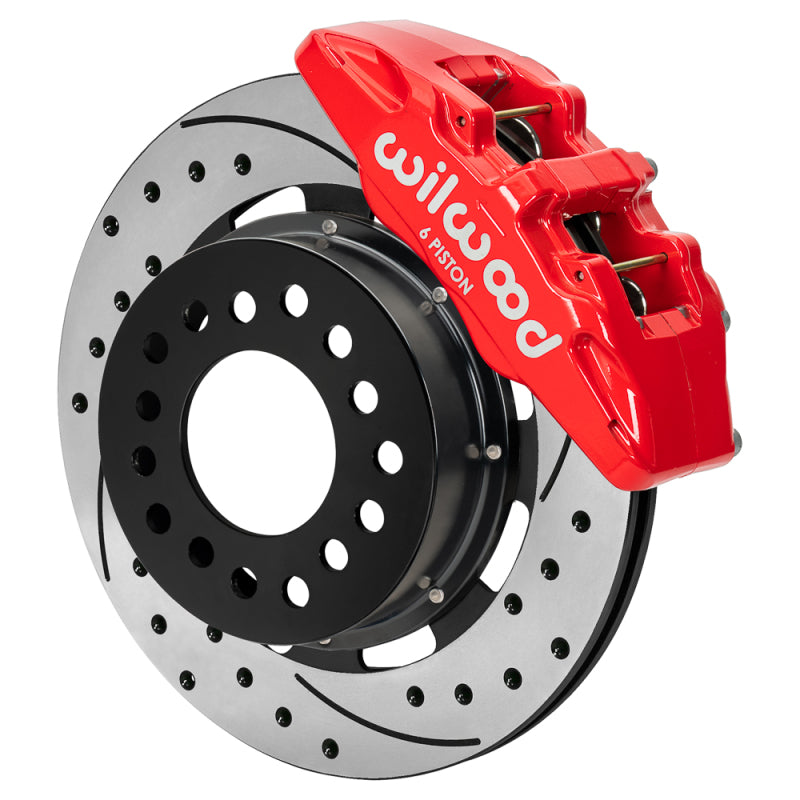 Wilwood Ford Mustang II Dynapro front brake kit with 12.19-inch drilled and slotted rotors, red calipers, big brake kit.
