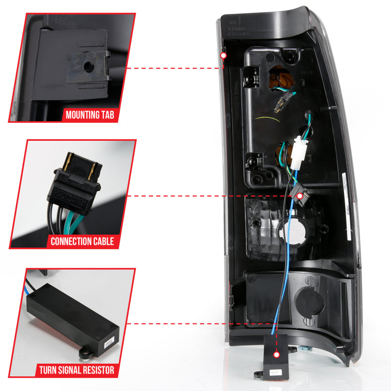 ANZO black LED taillights with clear lens for Chevy Silverado 1500 1999-2002, plank style rear light assembly.