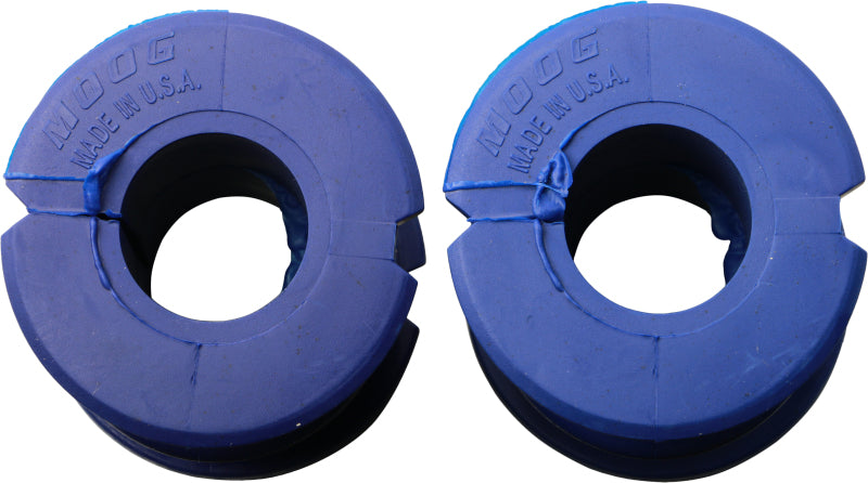 Moog Chrysler 300 front sway bar bushings installed on the sway bar, showing close-up of the rubber bushings.