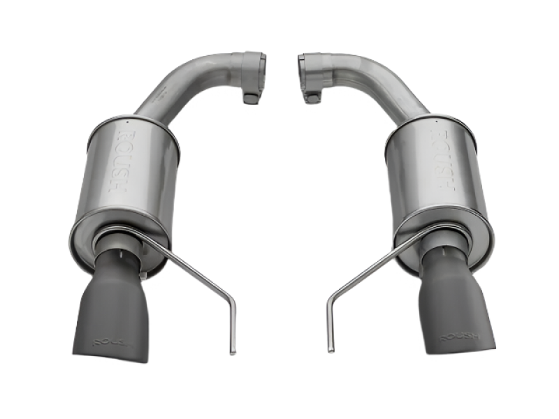 Roush black tip axle back exhaust for 2015-2017 Ford Mustang GT, showcasing the sleek black exhaust tips and polished metal finish.