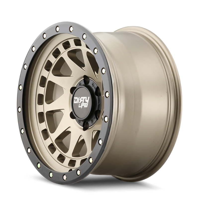 Dirty Life Enigma Pro 17x9 satin gold beadlock cast wheel with 5x127 bolt pattern, -12mm offset, and 71.5mm hub.