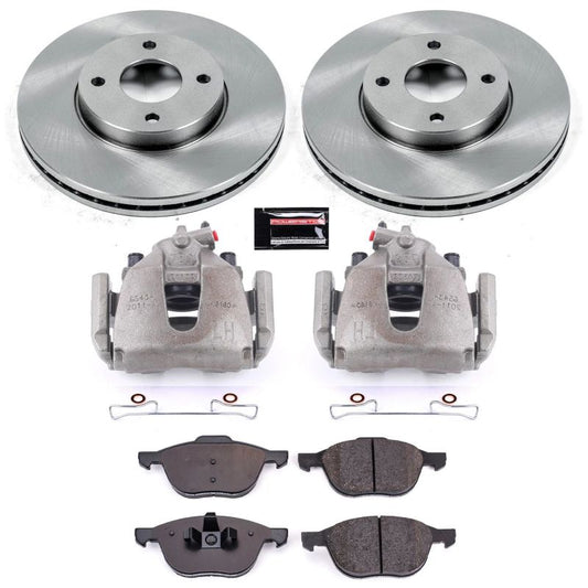 PowerStop OE front brake kit with calipers for Ford Focus 2005-2007, featuring brake rotors and components.