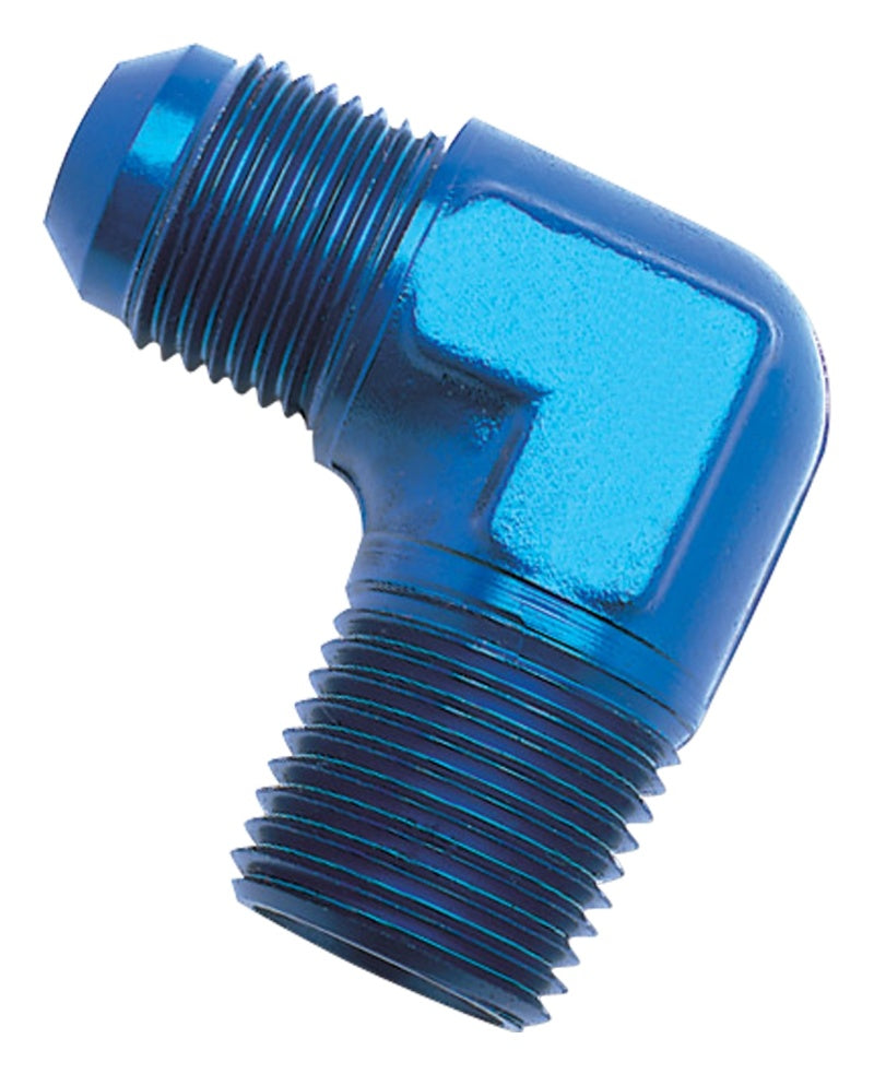 Russell Performance blue -6 AN to 1/8 inch NPT 90-degree flare to pipe adapter fitting for automotive use.