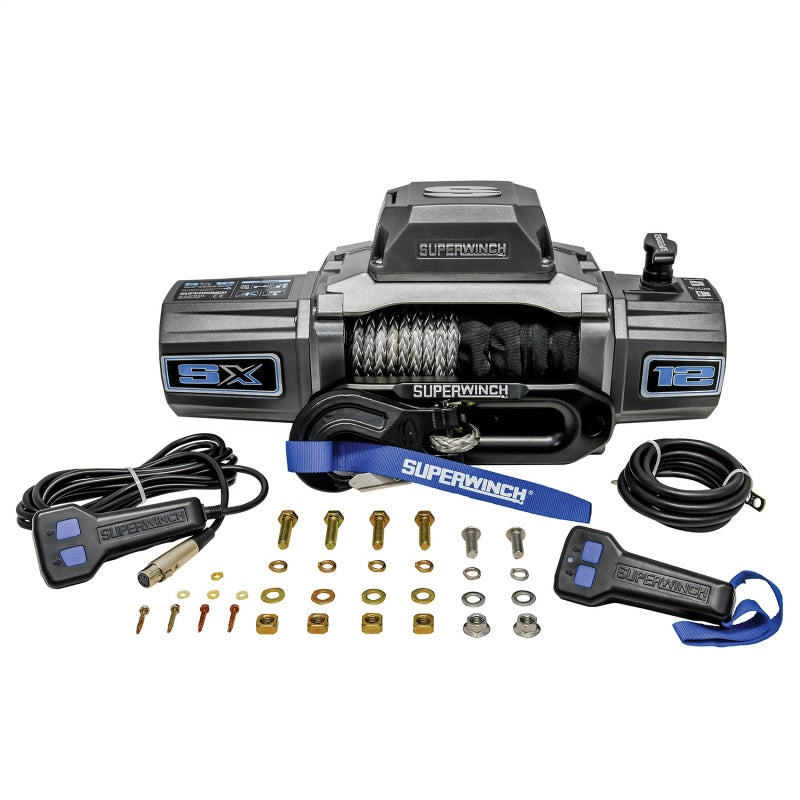 Superwinch 12000 LBS 12V DC synthetic rope winch with 3/8 inch x 80 ft polypropylene rope, in graphite color.