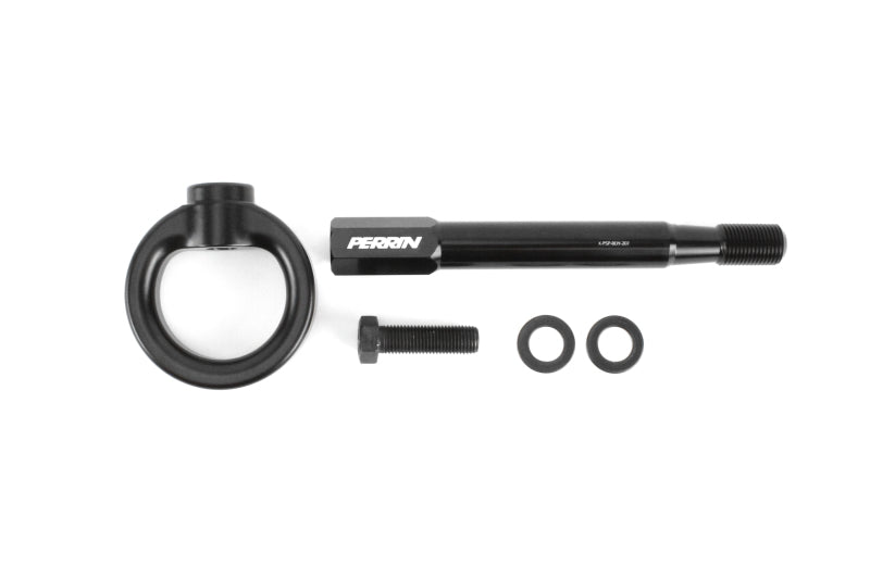 Black Perrin Performance tow hook kit for Subaru WRX, Crosstrek, Impreza, and Forester front bumper, durable metal construction.