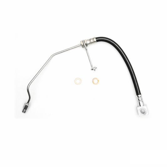 DFC Dodge Ram 3500 rear left brake hose from brake line kit, showing the flexible rubber brake line with metal fittings.