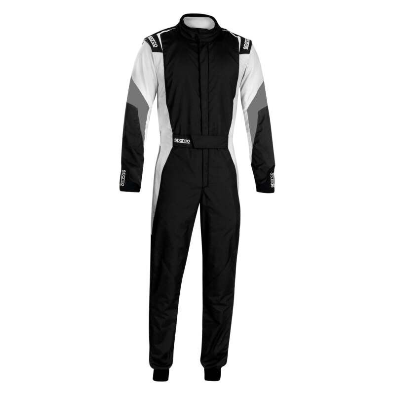 Black and white Sparco race suit with boot cuff, designed for competition racing, featuring the SPARCO brand logo.