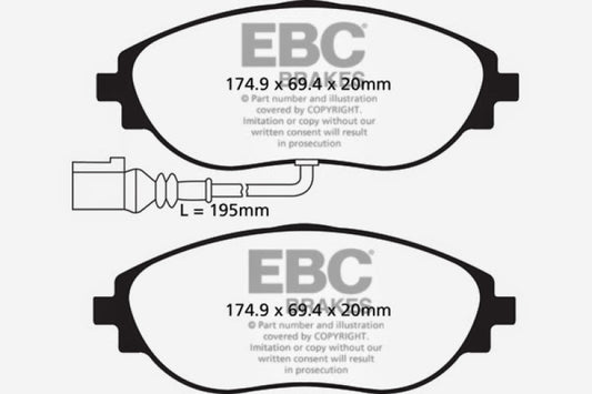 EBC 12+ Volkswagen CC 3.6 front brake pads, Ultimax2 OE brake pads showing the friction material and metal backing plates.