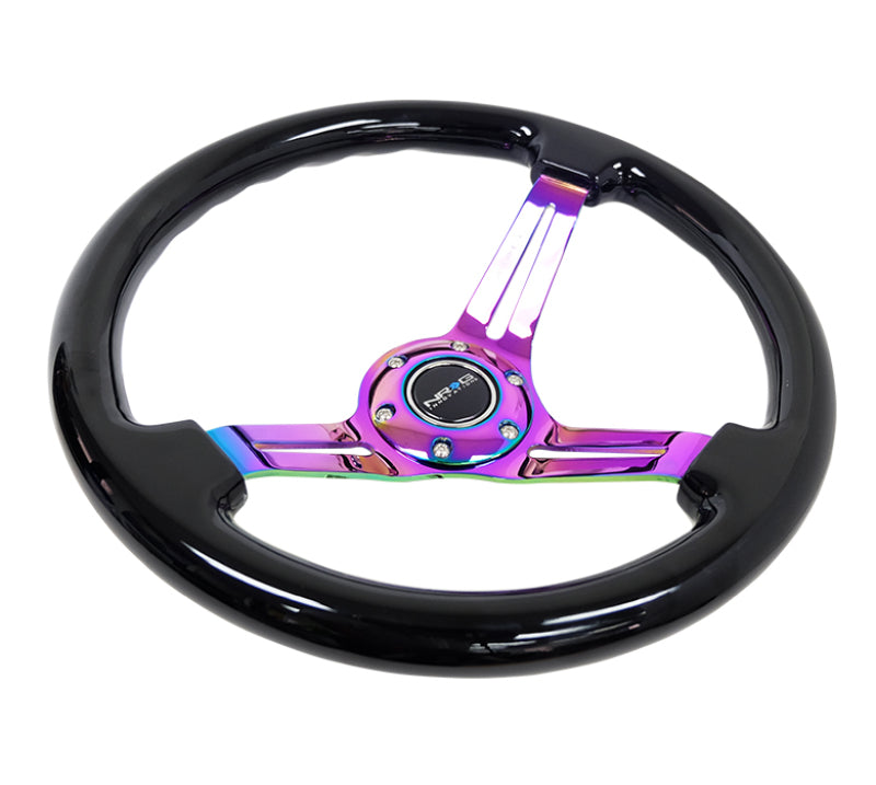 NRG reinforced steering wheel with 350mm black wood grip, matte spokes, and neochrome center mark for racing or custom cars.