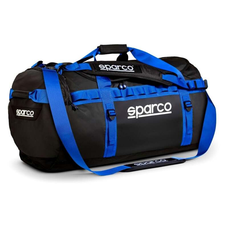 Black and blue Sparco Bag Dakar Duffle large travel luggage with sturdy handles and spacious main compartment.