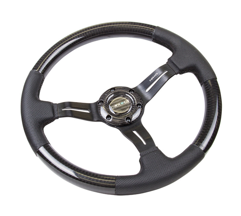 NRG carbon fiber steering wheel with leather trim, black stitching, slit cutout spokes, 350mm diameter, 1.5-inch deep design.