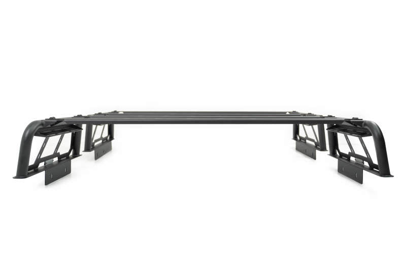DV8 Offroad bed rack for Toyota Tundra and Ford F150 Raptor, 2-piece adjustable exterior truck bed accessory.