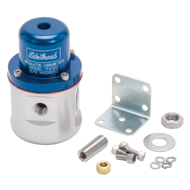 Edelbrock carbureted fuel pressure regulator with blue and clear finish, 160 GPH, 5-10 PSI, 3/8 inch inlet and outlet.