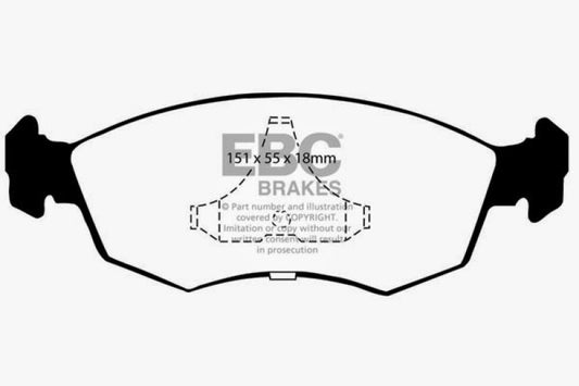 EBC Redstuff front brake pads for Mercury Merkur Scorpio 2.9 performance brake pads, showing the red friction material and metal backing