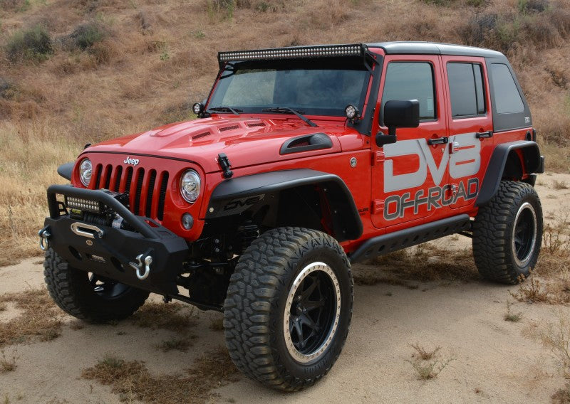 Primer black DV8 Offroad Jeep Wrangler JK metal hood with heat dispersion vents for 2007-2018 models.