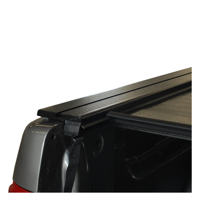 Pace Edwards BedLocker retractable bed cover on a Chevy/GMC Silverado HD 8ft bed with Explorer rails, dual rear wheel model.