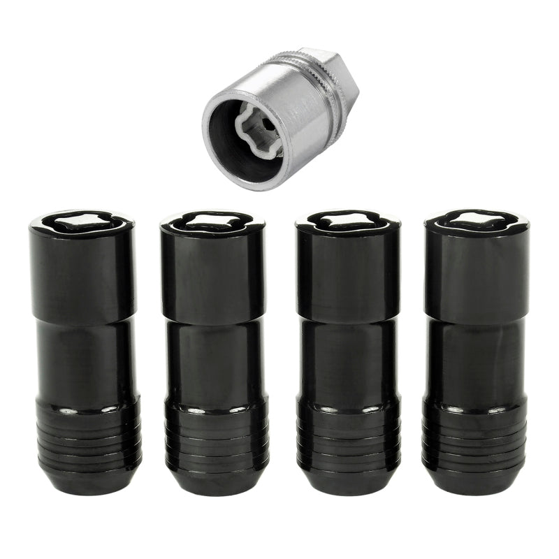 Black McGard M14x2.0 wheel lock nut set with cone seat, 13/16 hex, 2.25-inch length, four lug nuts for vehicle wheels.