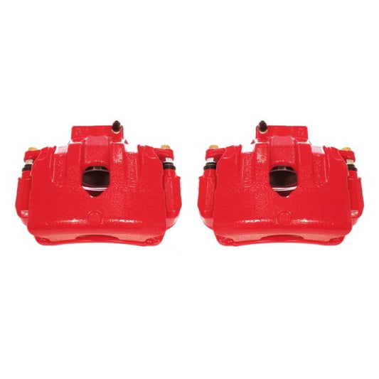 Pair of red PowerStop brake calipers with brackets for Hyundai Genesis Coupe 2010-2016, performance front brake calipers.