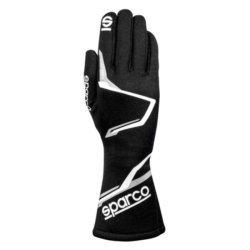 Black Sparco Land+ 10 racing gloves with textured palms and adjustable wrist straps for enhanced grip and comfort.