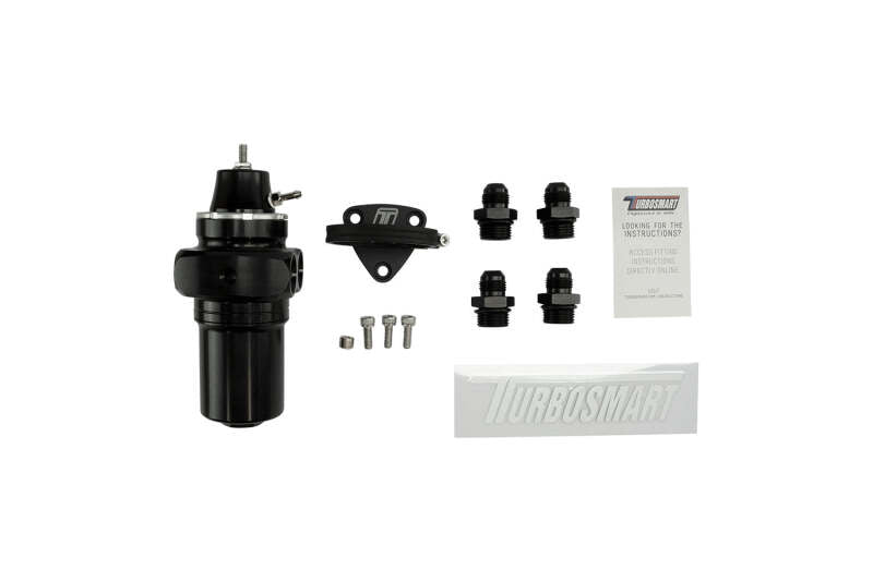 Turbosmart FPRF8 black fuel pressure regulator with built-in filter for automotive fuel systems