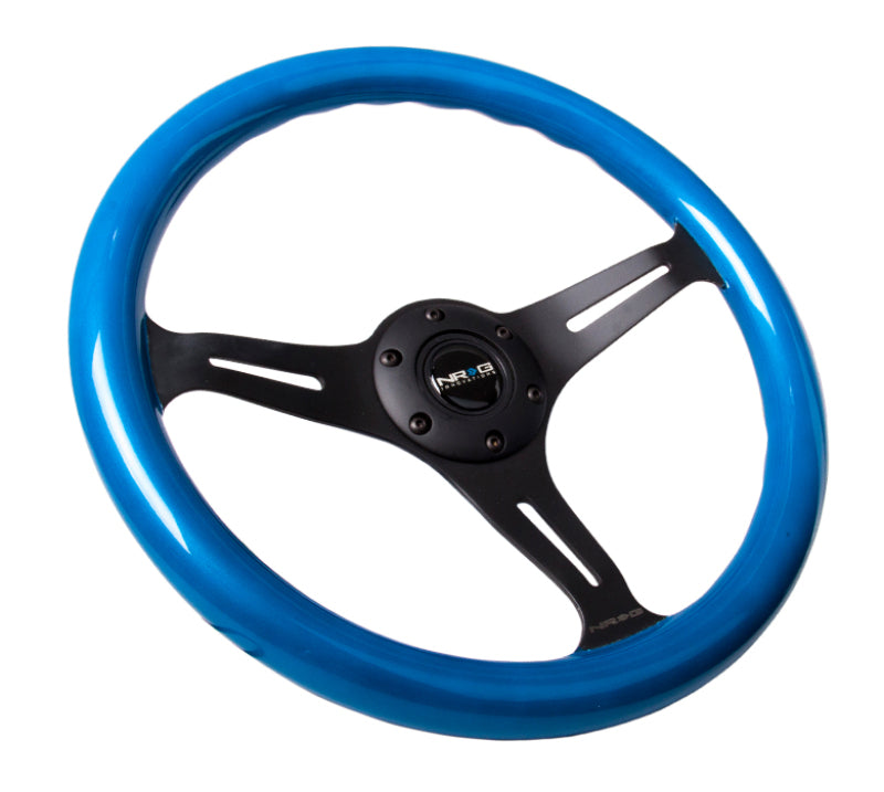 NRG Classic wood grain steering wheel with blue pearl/flake paint, 350mm diameter, black 3-spoke center for car interior upgrade