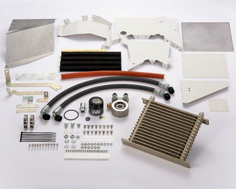 HKS S Type Oil Cooler Kit for VAB Subaru WRX STI in black, featuring cooling fins and hoses for enhanced engine temperature regulation.
