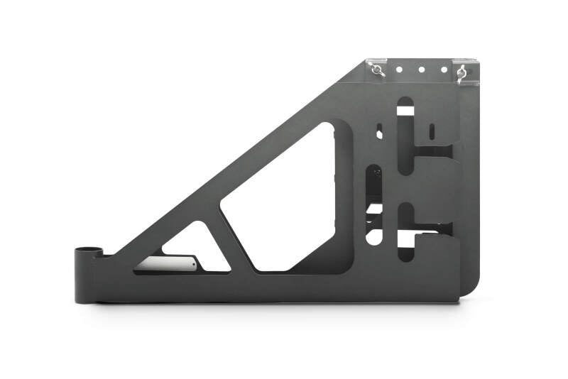 DV8 Offroad Jeep Wrangler JL MTO Series bumper spare tire swing gate tailgate accessory showing tire mount and hinge details