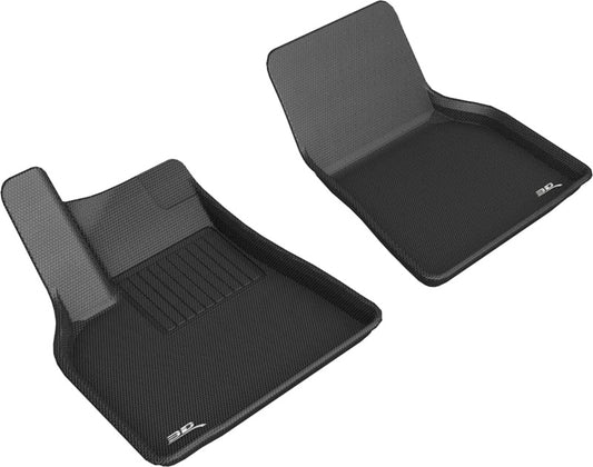 Black 3D MAXpider Tesla Model Y 2020 floor mat in the first row, made of durable rubber with textured surface.