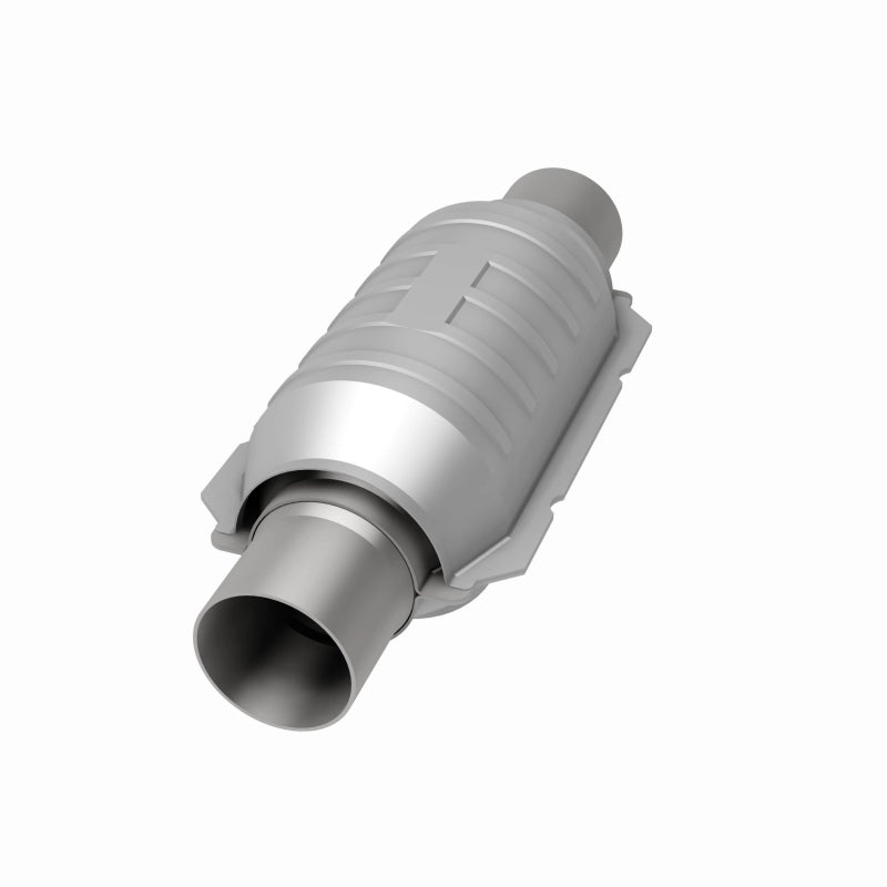 MagnaFlow universal catalytic converter for cars, 2.25-inch diameter, OEM CARB compliant, shown with metallic finish and inlet/outlet connections.