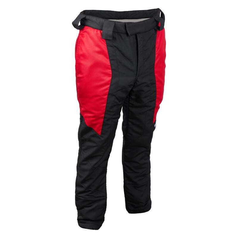 Black and red Sparco racing suit pants with stint design, made for motorsport safety and performance.
