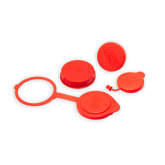 Red GrimmSpeed engine bay dress-up oil caps for 2013+ Subaru BRZ and 2022+ Subaru WRX, featuring branded metal design.