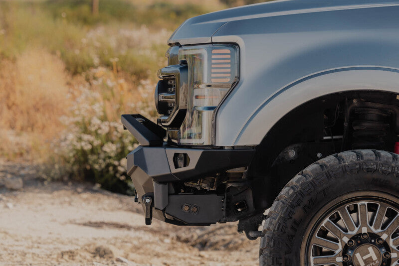 Steel DV8 Offroad front bumper for Ford Super Duty F-250/F-350 2017-2022, rugged and durable with heavy-duty design