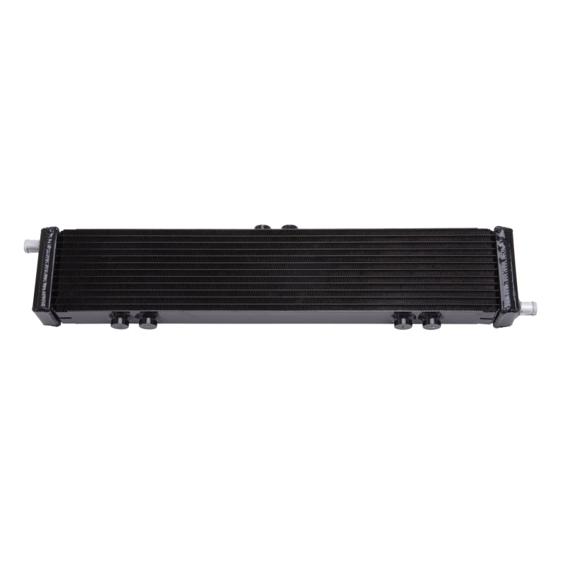Edelbrock intercooler heat exchanger with dual row design, black finish, measuring 26.5 x 5 x 2.62 inches, 22,000 Btu/hr.