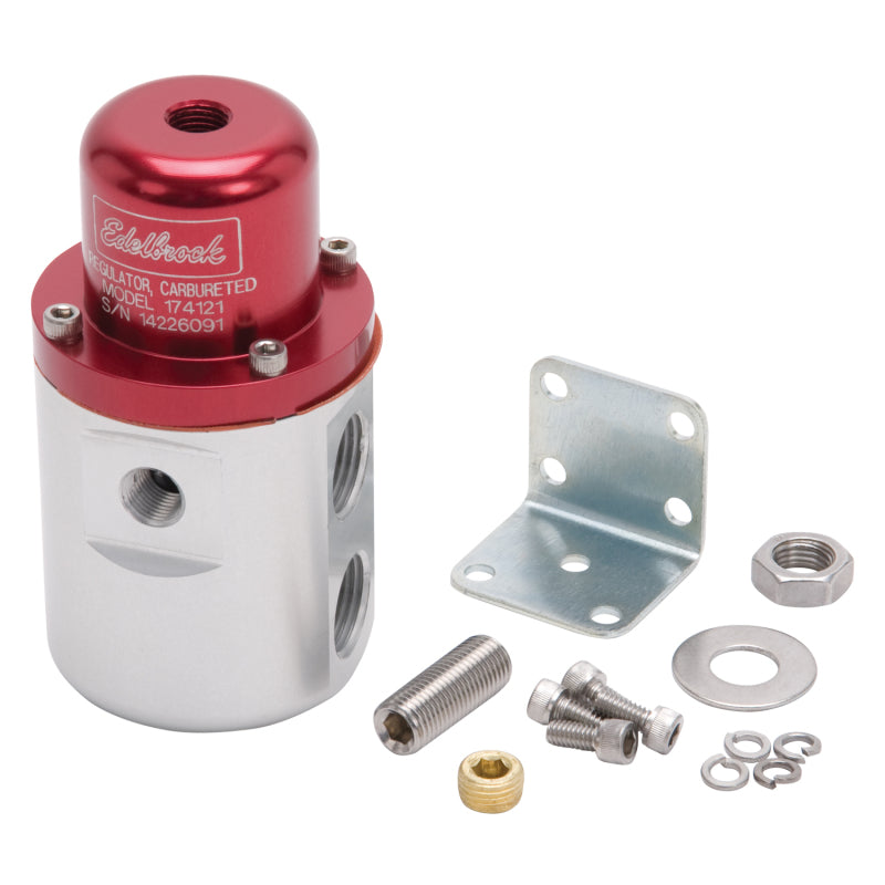 Edelbrock carbureted fuel pressure regulator with red and clear retainer, 160 GPH, 5-10 PSI, 3/8-inch inlet and outlet.